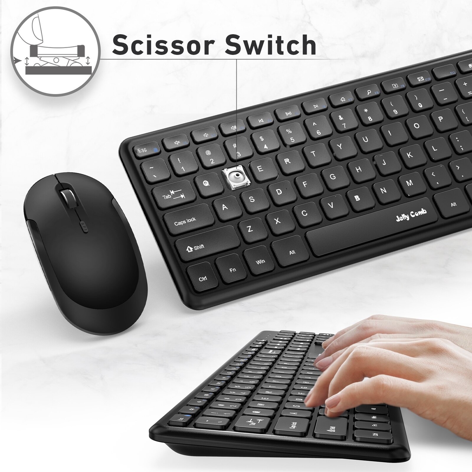 Jelly Comb 2.4G Wireless Keyboard and Mouse Combo Full Size Wireless Keyboard Ultra-Thin Mousee for Computer Laptop PC Deskt