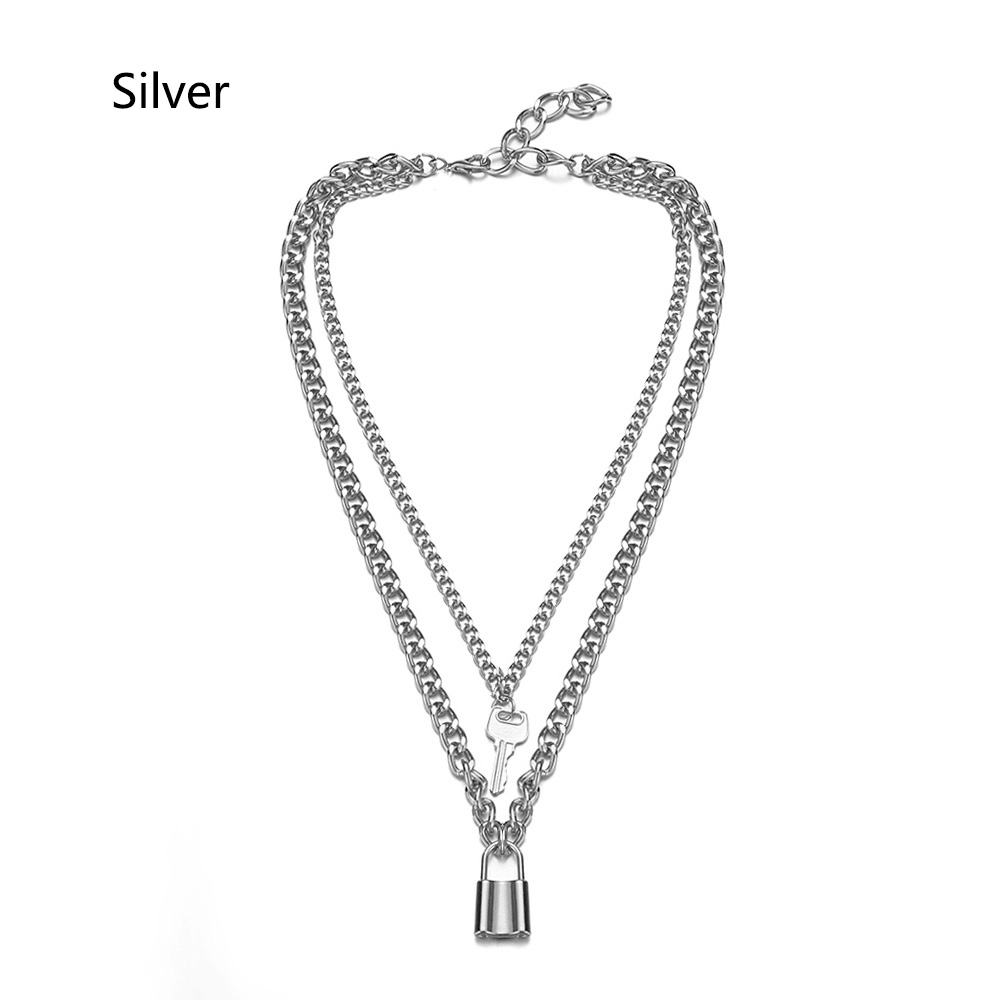 1pc Punk bijoux or argent couleur cadenas pendentif collier en acier inoxydable Rolo câble chaîne collier: Silver