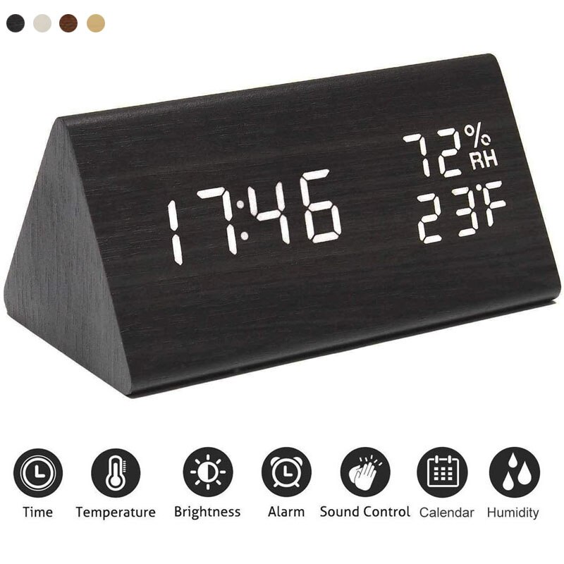 Intelligente Led Digitale Klok Hout Usb Tafel Wekker Sound Control Elektronische Vochtigheid Temperatuur Display Desktop Klokken