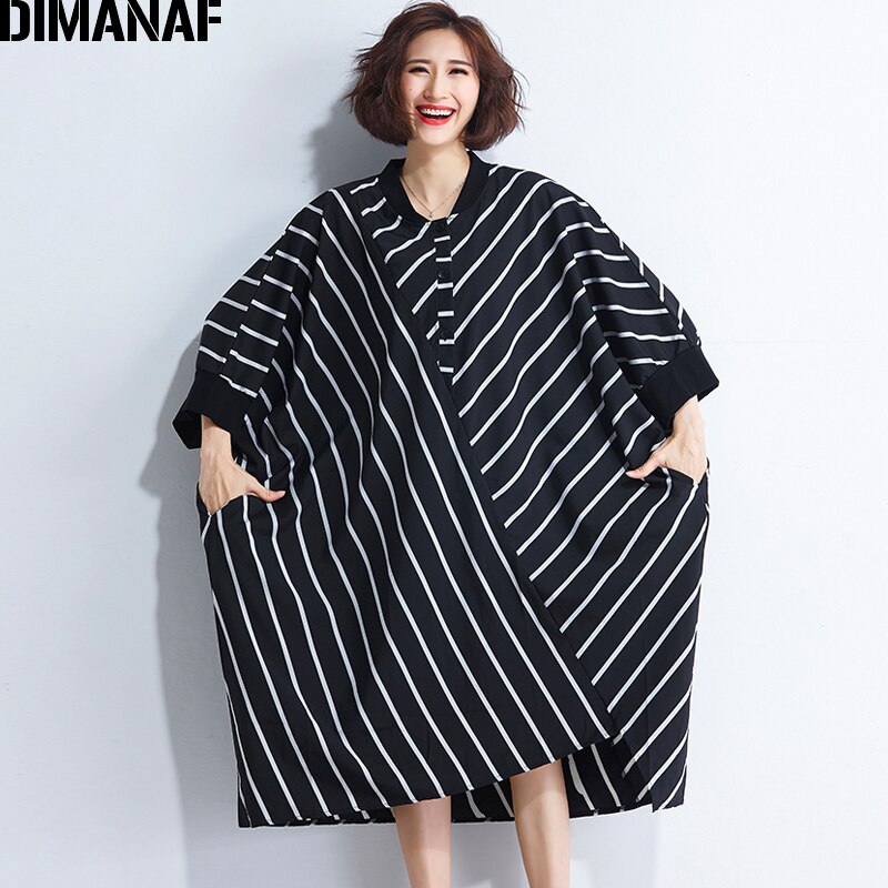 Dimanaf kvinder sommerkjole plus size femme dame vestido løs stort stort tøjprint stribet sort afslappet kjole med flagermusærmer