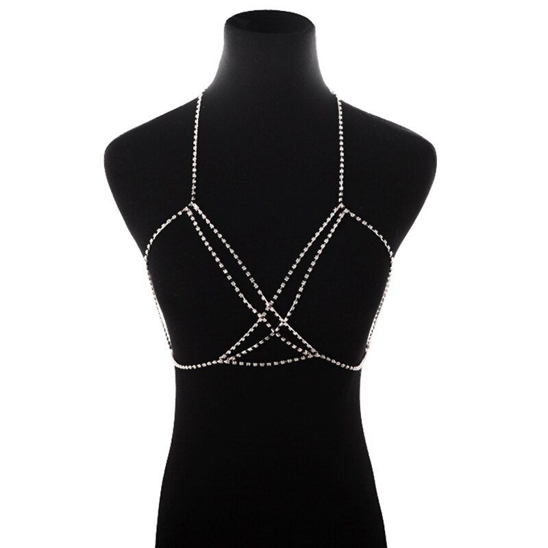 Sexy strass corps chaîne pour femmes strass bijoux croix poitrine chaîne brillant cristal soutien-gorge corps partie poitrine bijoux accessoire