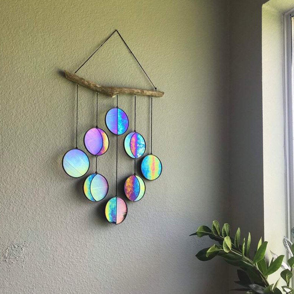 Decoración de pared de fase lunar, carillón de viento, plexiglás tintado, transparente y arcoíris, iridizado, fase lunar, colgante de arte Celestial