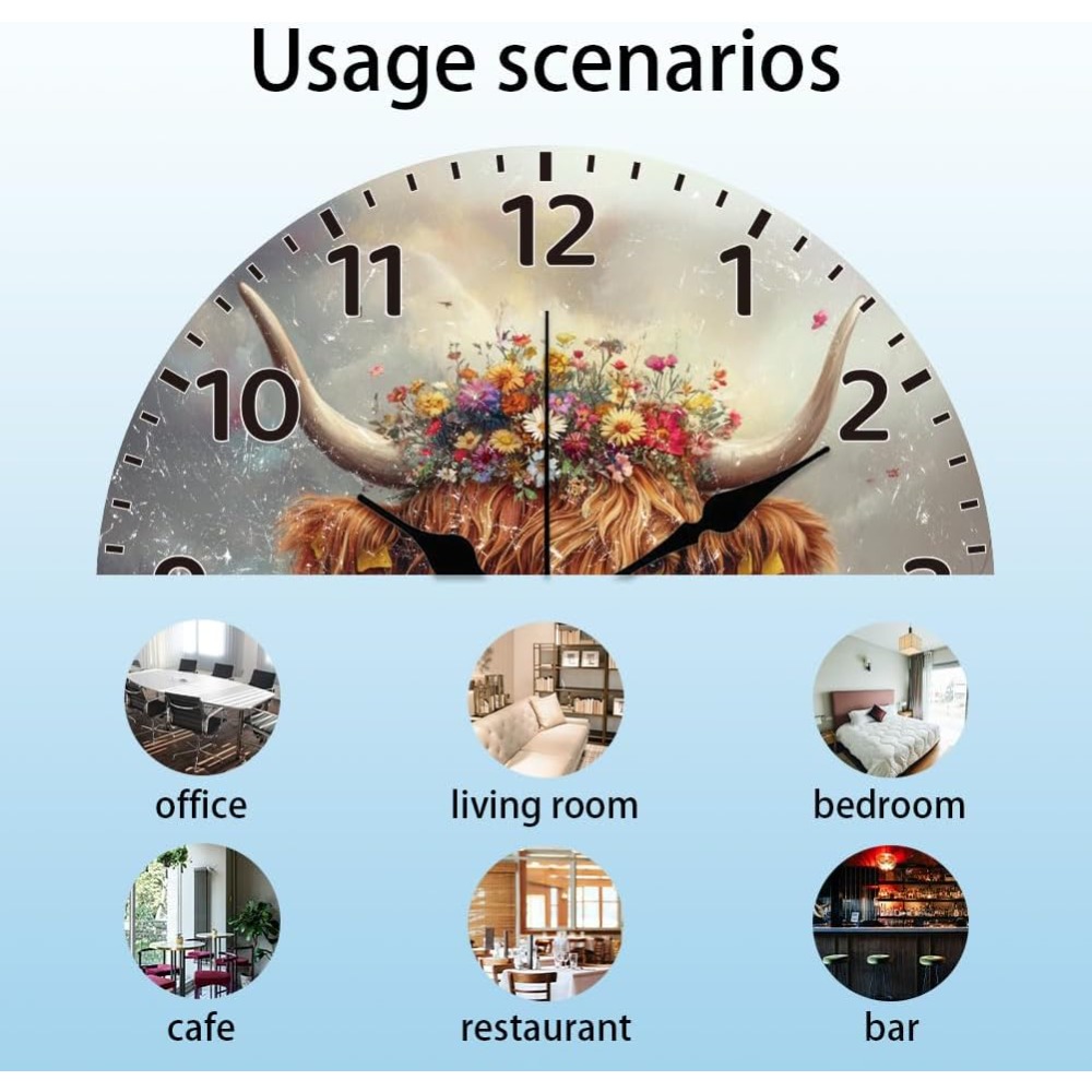 Highland Cattle Wall Clock 12 Inch Clock Flowers Non Ticking Battery Operated Decorative Round Clock for Home Kitchen Living