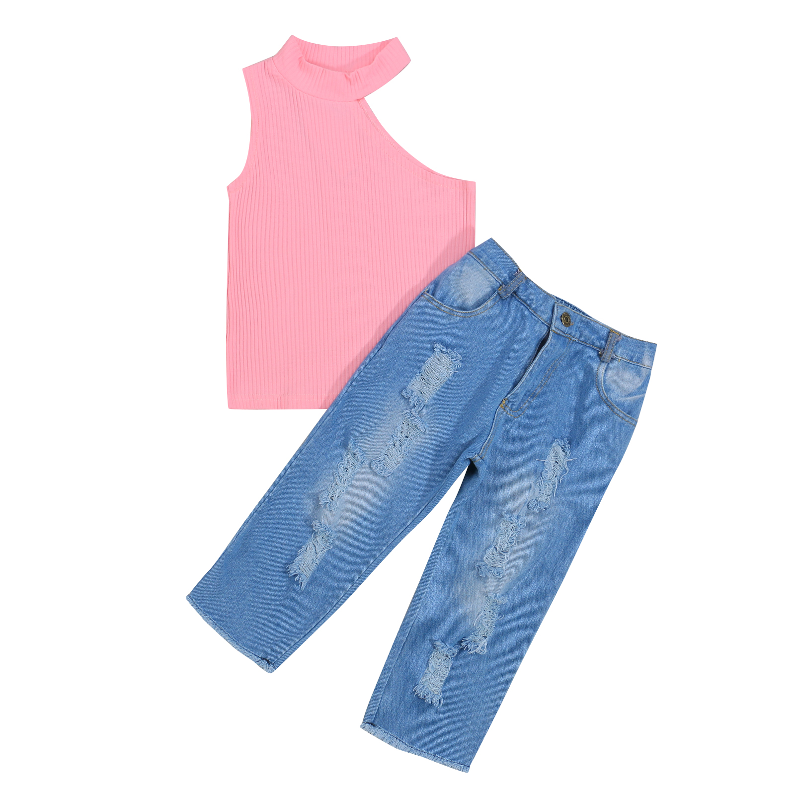 Conjunto de ropa de para niñas de 1 a 6 años, top de punto sin mangas con hombros descubiertos y pantalones vaqueros rasgados, ropa de verano para niñas: Rosa / 2T
