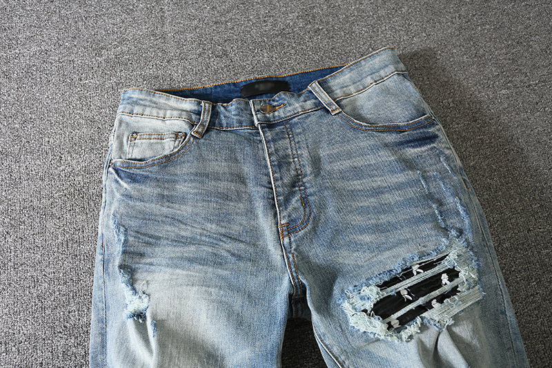 Pantalones vaqueros desgastados para hombre, Jeans desgastados de cuero negro y azul, AM, novedad
