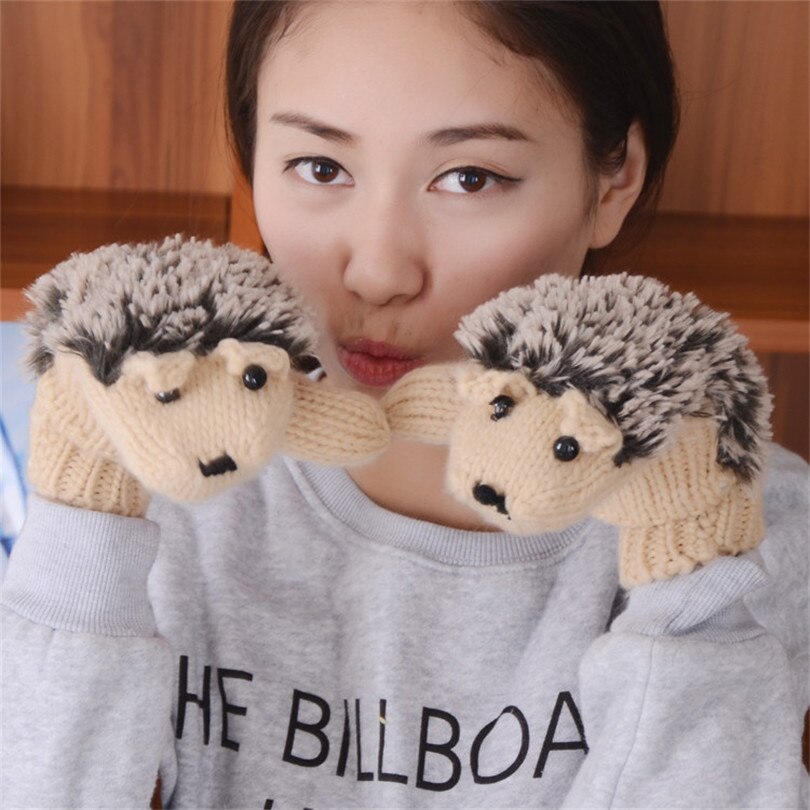 Gants d'hiver de dessin animé fantaisie pour filles chsdcsi pour femmes, gants chauds en tricot, mitaines chauffantes au poignet en hérisson, mitaines chaudes en laine à tricoter: G014 beige