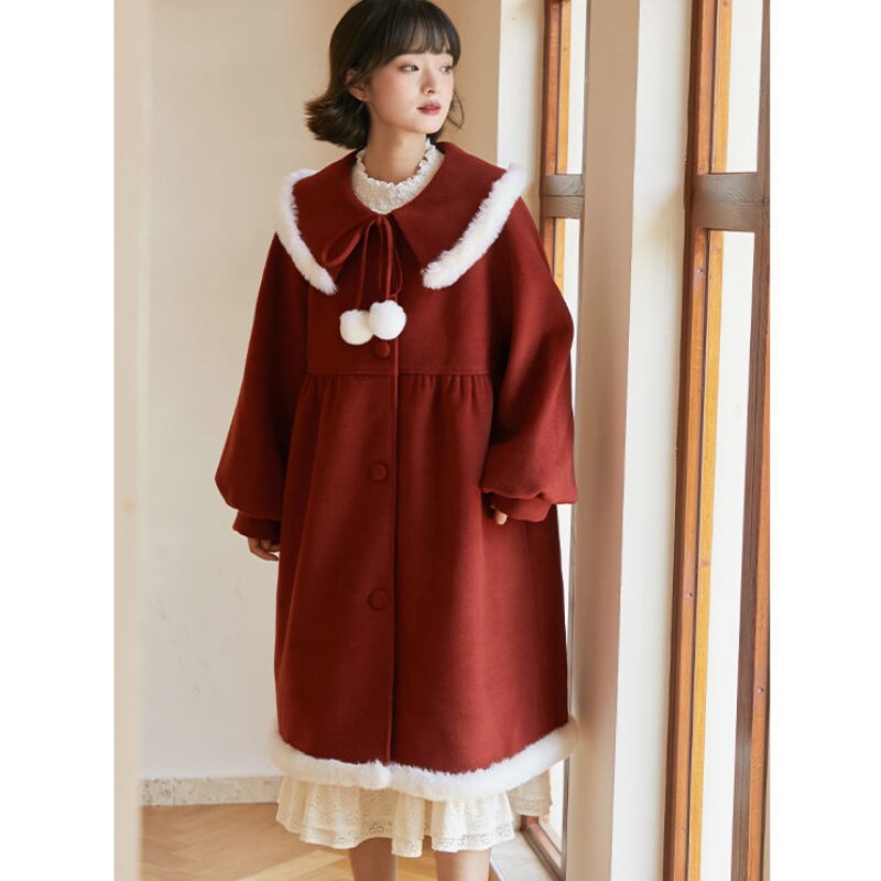 Winter Kawaii Wool Coat Women Patchwork Japanese Fur Sweet Warm Overcoat Female Korean Style Loose Trench Long Outwear Coat