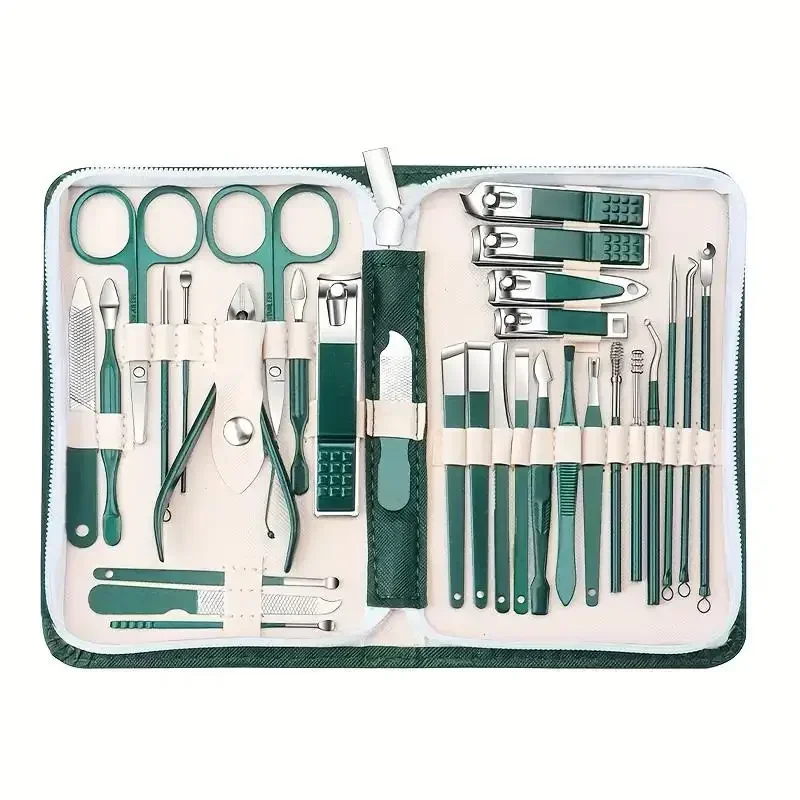 Juego de cortaúñas de acero inoxidable, herramientas para uñas verdes, juego de manicura y pedicura, Kit de aseo de viaje, 30 Uds.