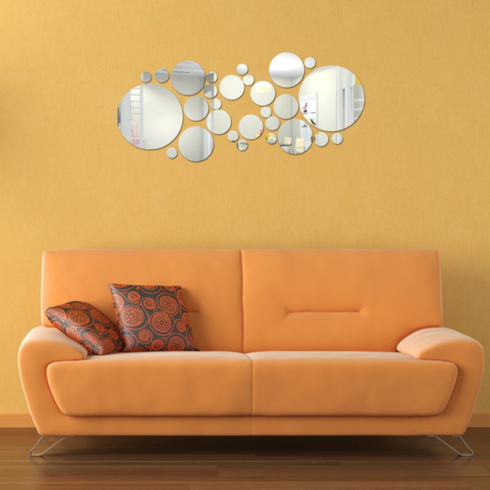 30PCS Round DIY Mirror Surface Wall Sticker Self Adhesive Waterproof Mirror Sticker for Home Living Room Bedroom (Silver)
