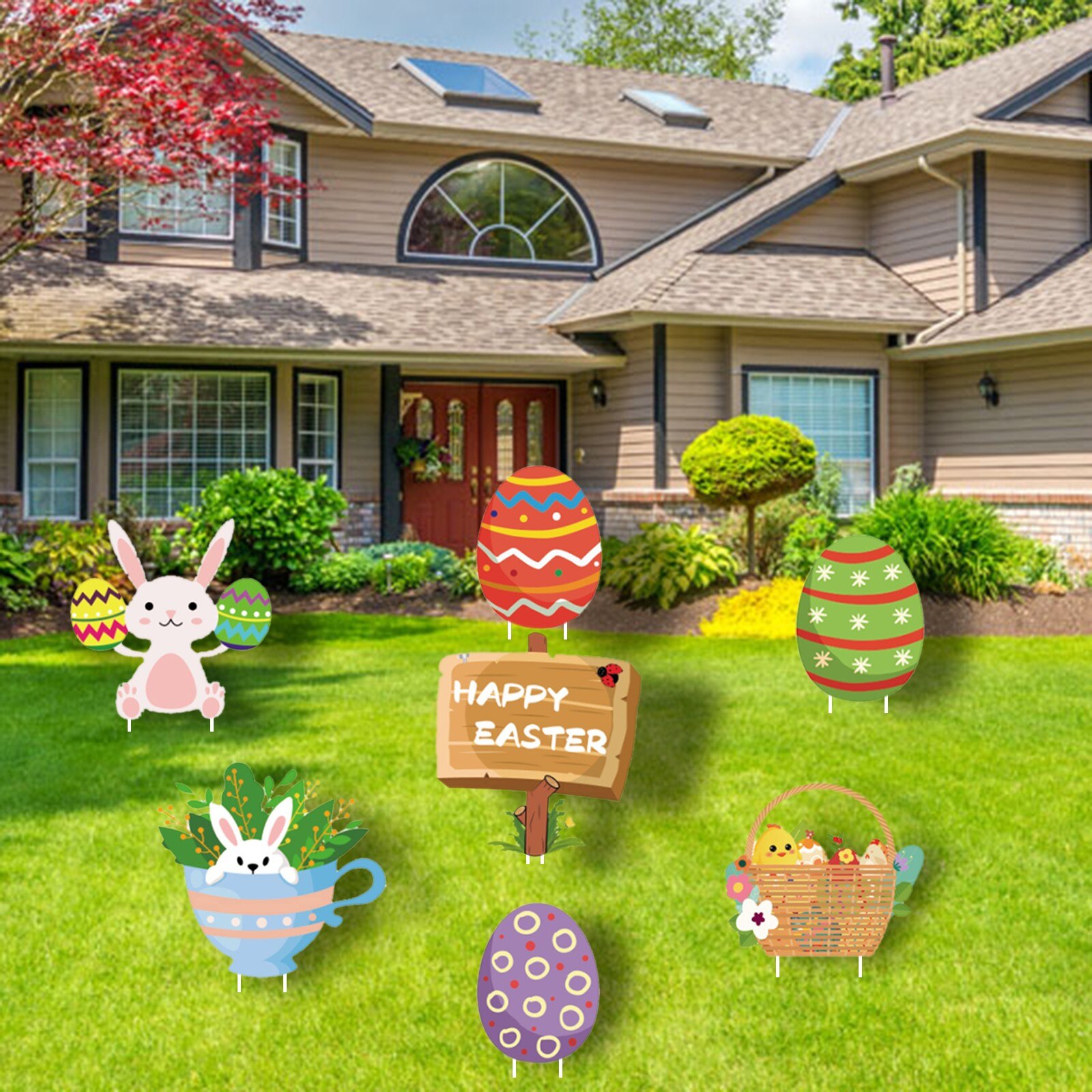 7 Pcs Easter Day Decorations Outdoor Garden Lawn Yard Sign With Stakes Happy Easter Day Garden Decoration Lawn Yard