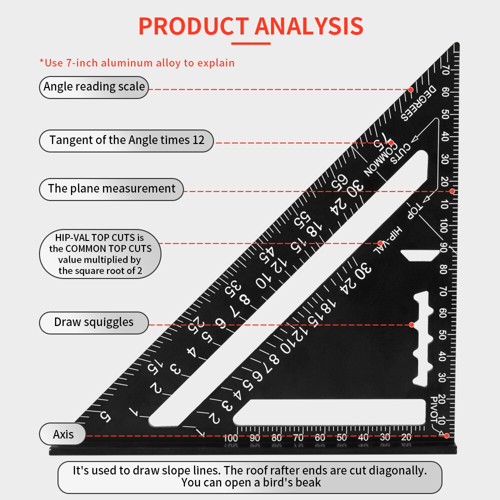 7/12inch Triangle Angle Protractor Aluminum Alloy Speed Square Measuring Ruler Carpenter Measuring Tools