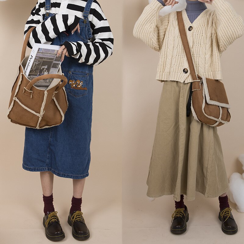Winter dames suède schoudertas pluche canvas handtas tote studenten eenvoudige messenger bag canvas crossbody tassen handtas voor meisjes