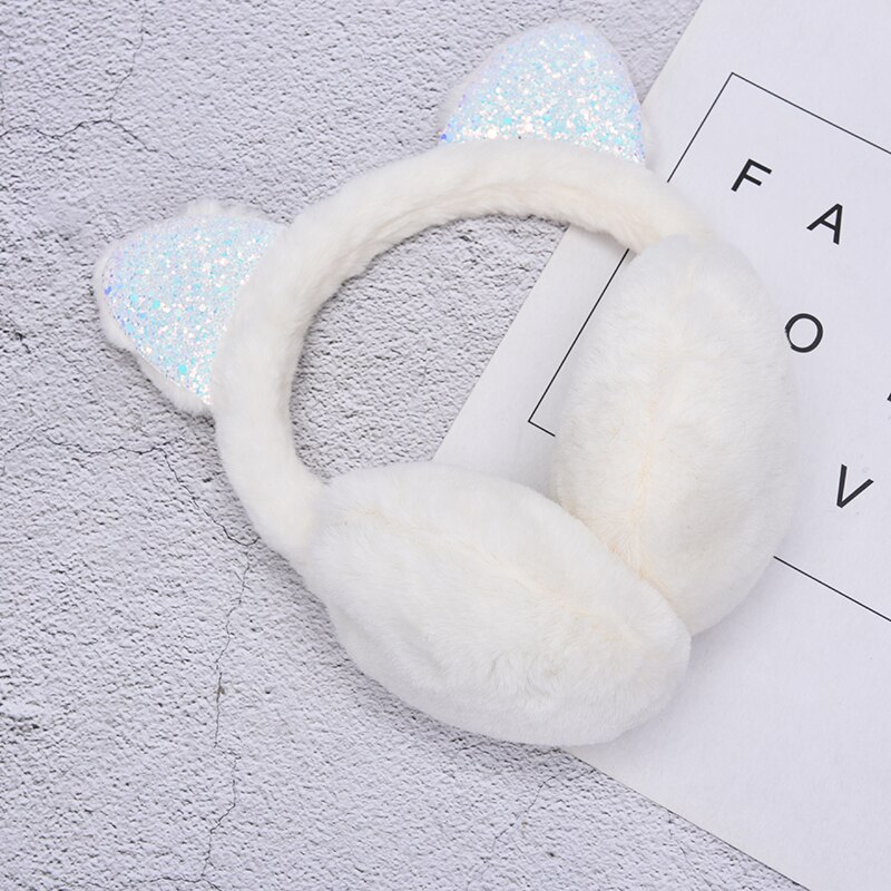 Cat Ear Muffs Earlap Glitter Sequin Earmuffs Headband Women Girl Fur Winter Ear Warmer Earmuffs: White