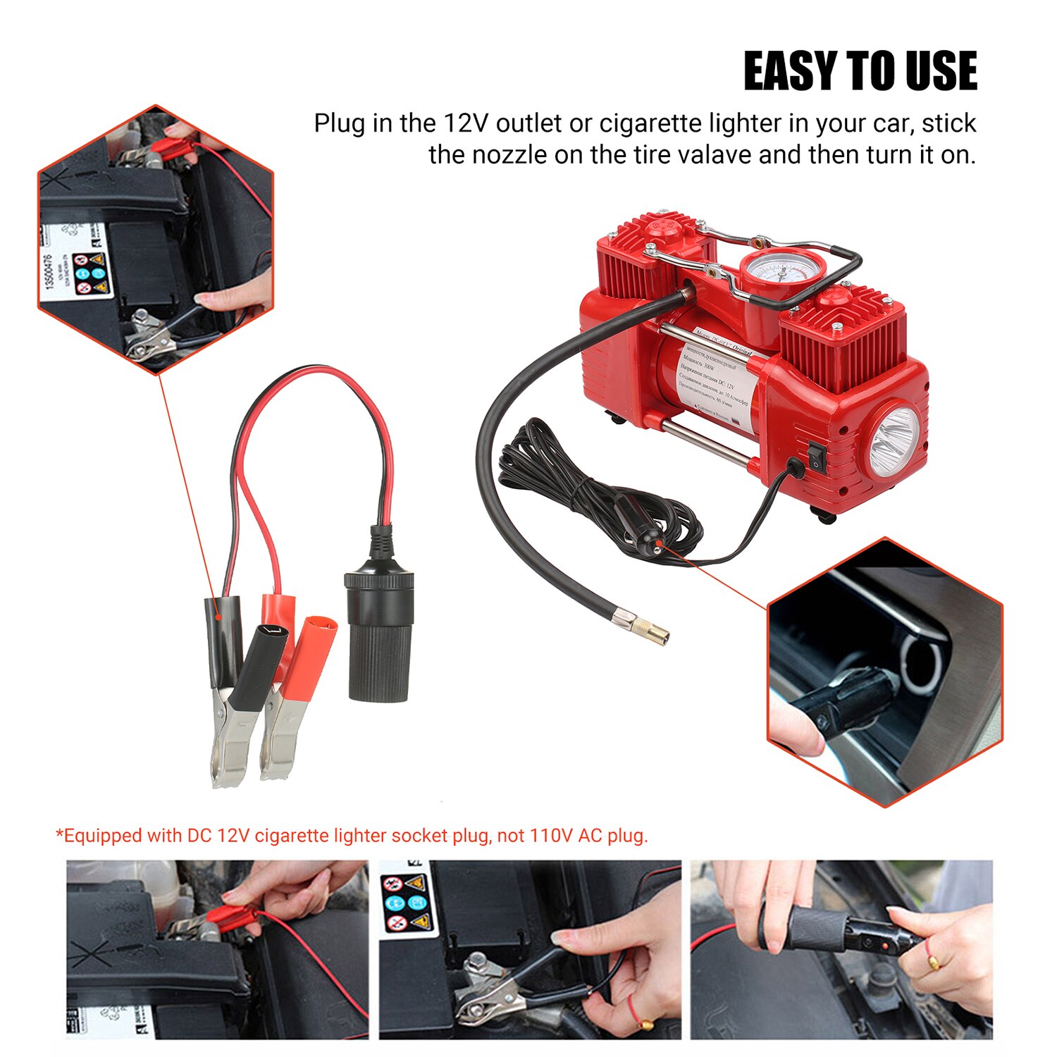 DC12V Dual Cylinder Air Compressor Portable Tire Inflator Emergency Car Air Pump with 3 Nozzles Extended Tube Carrying Case