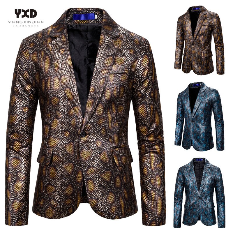 Bronzing Snake Printed Blazer Mens Suits Tuxedos Club Bar Wear Best Man Blazer Business Groomsman Slim Casual Jacket
