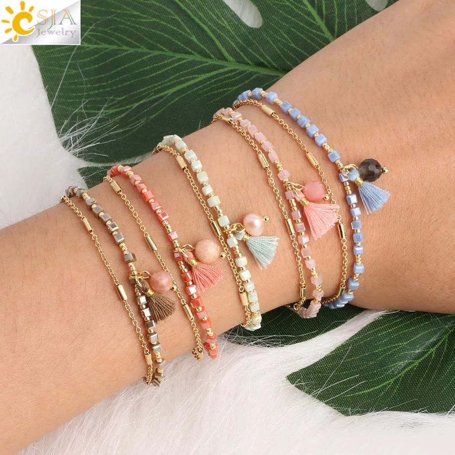 CSJA bohème brassard Delica Miyuki Bracelet perles Bracelets couleur or Femme gland frangé Chic deux couches Mini Pulseras S413