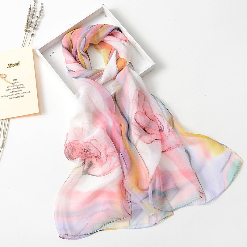 Estampado de flores colores vivos bufanda de seda verano primavera mujeres bufandas fina gasa Hijab tulipán Floral chal Georgette bufanda: 7