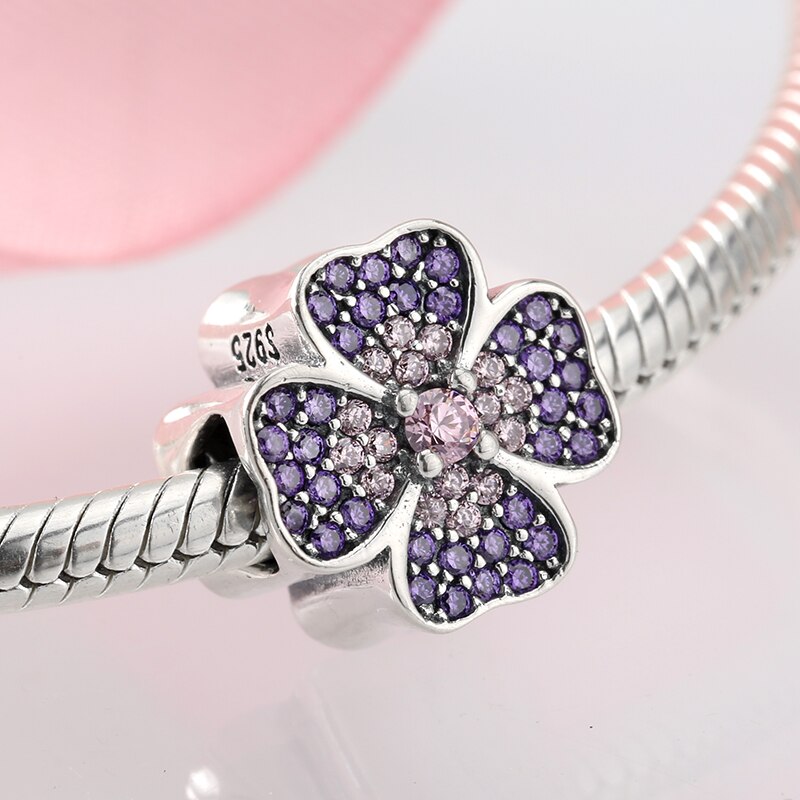 925 argent Sterling violet et rose CZ fleurs perles ajustement Original JIUHAO Bracelet à breloques fabrication de bijoux