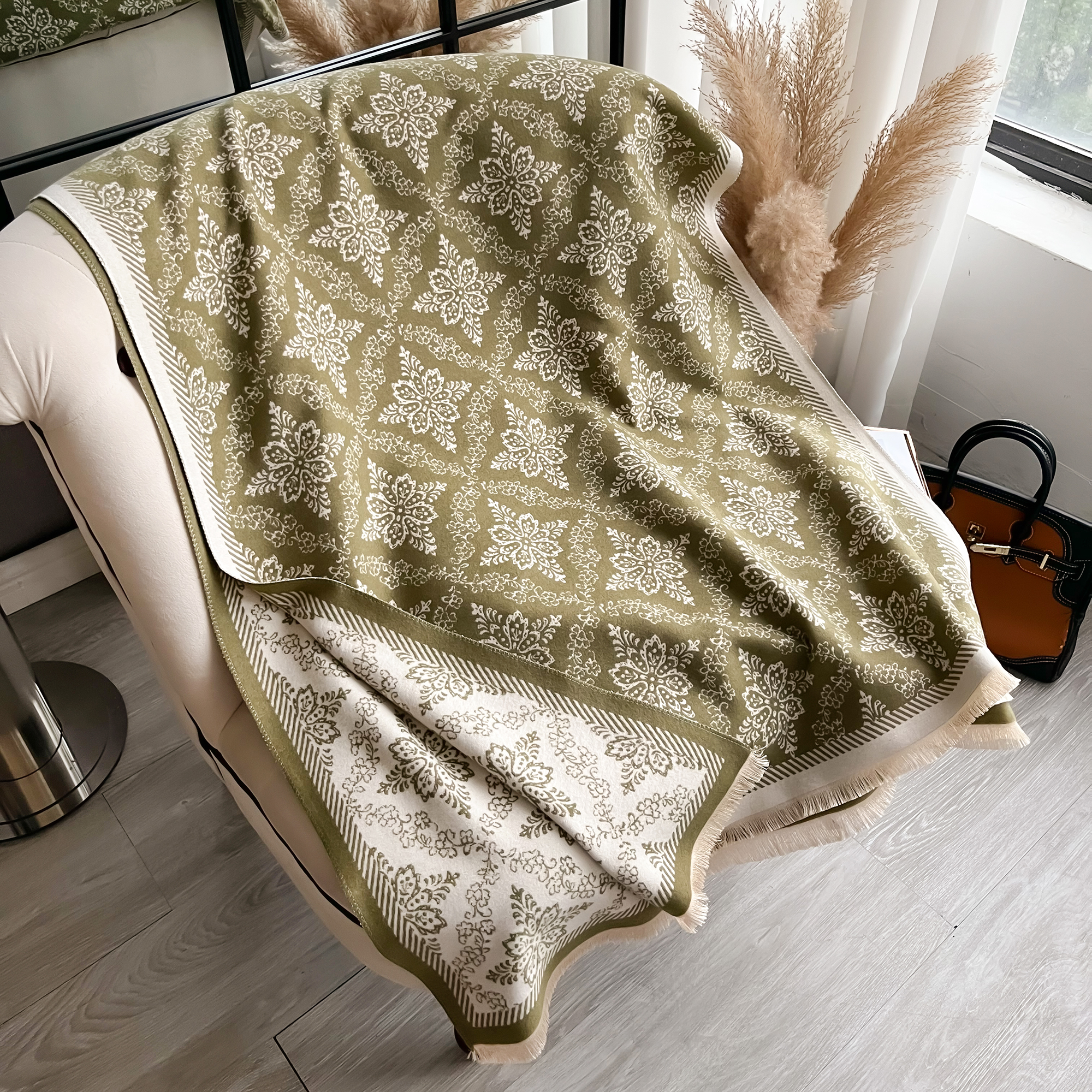 Marca de luxo dupla face estilo étnico cachecol pashmina cashmere macio quente franja pashmina xale inverno à prova de frio cobertor à prova de vento: Verde exército