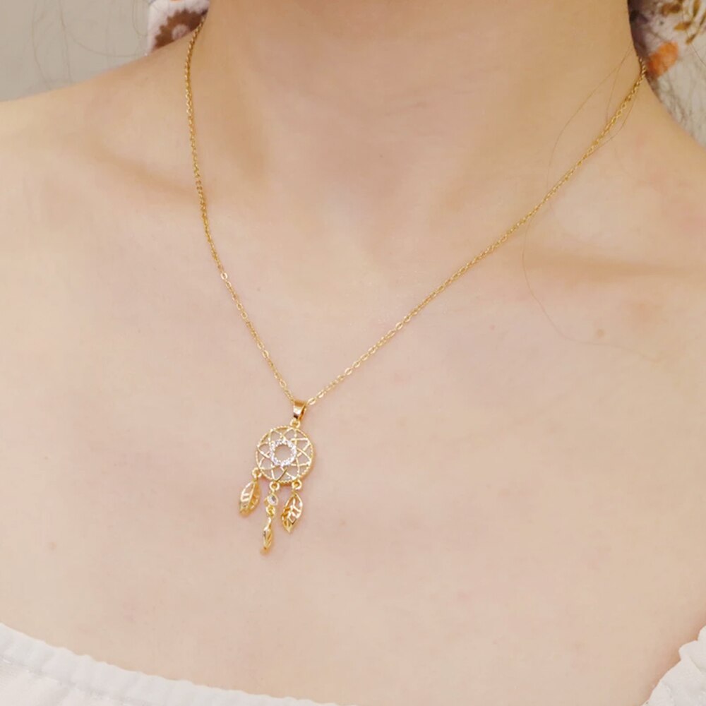 Traumfänger-halskette für damen, goldfarben, mit hohler blattquaste, zartes schmuckstück