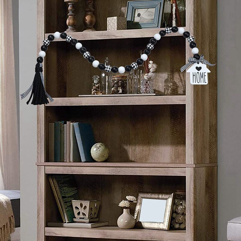 Farmhouse Wood Bead Garland,Black &amp; White Plaid Rustic Wooden Beads with Tassels for Farmhouse Tiered Tray Decor