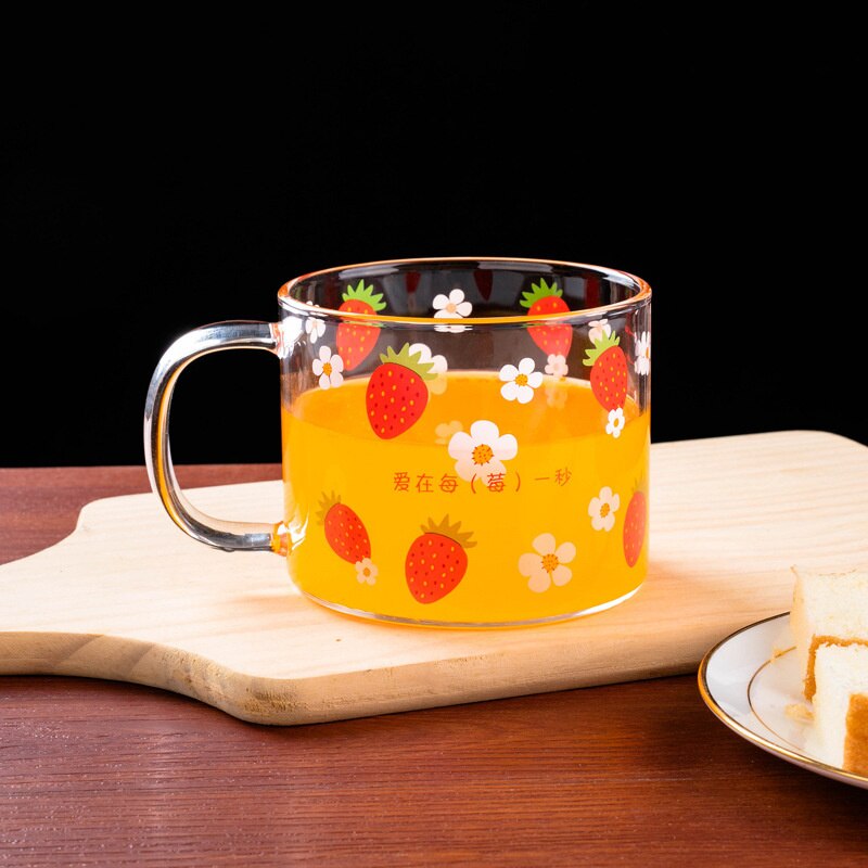 Ontbijt Cup Grote Capaciteit Glas Leuke Cartoon Aardbei Mok Met Deksel Hittebestendig Glas Schaal Cup Kantoor koffie Cup: Single Cup
