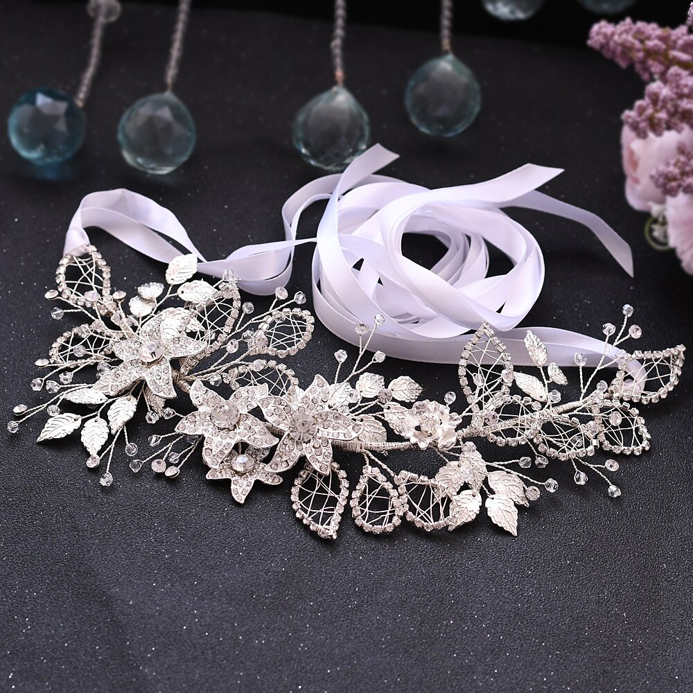 Cinturones de flores de aleación de plata, cinturón de diamantes de imitación para boda, joya femenina, faja para vestido, cinturón nupcial de diamantes de lujo para mujer: white ribbon