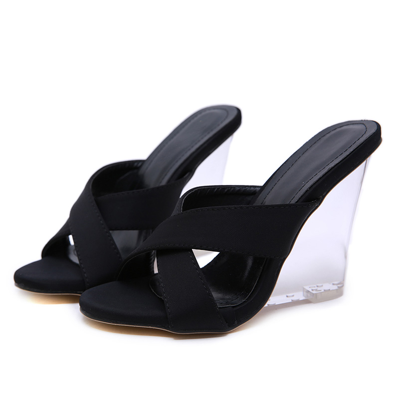 Baibeiqi Women Summer Shoes Crystal Wedge Women'S Shoes Fluorescent Ultra-Heels Mules European American: Black / 8