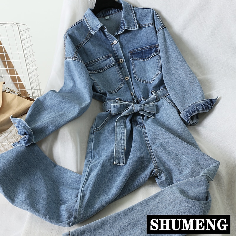 Koreanske kvinder overalls denim jumpsuit løs kvindelige højtaljede jeans lige bukser langærmede cowboy playsuit rompers jeans