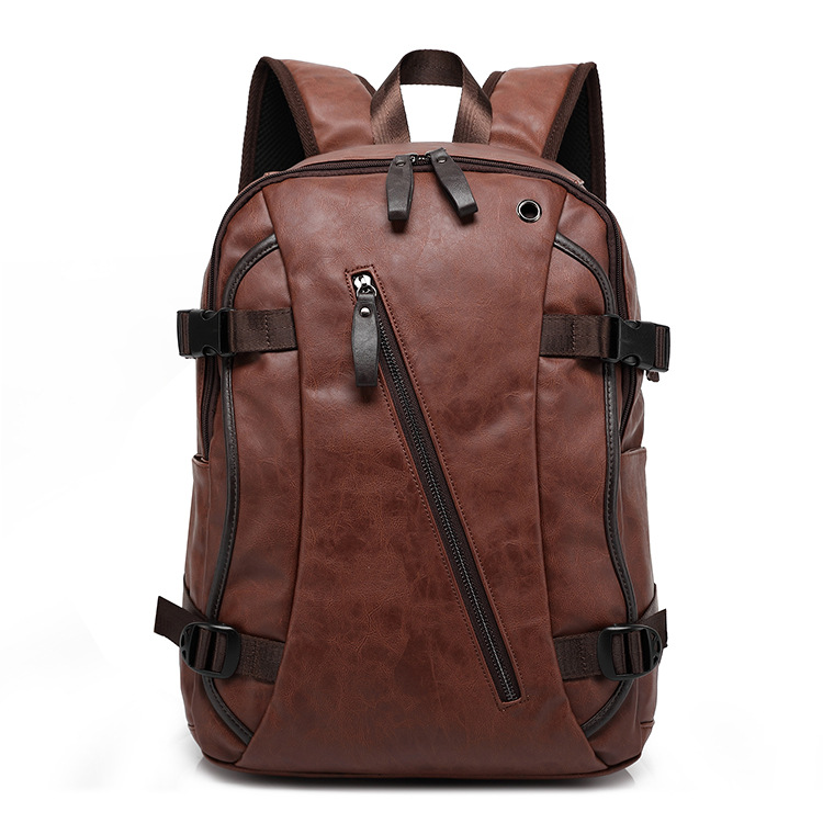 Korean style men's backpack style leather middle school student schoolbag: Brown