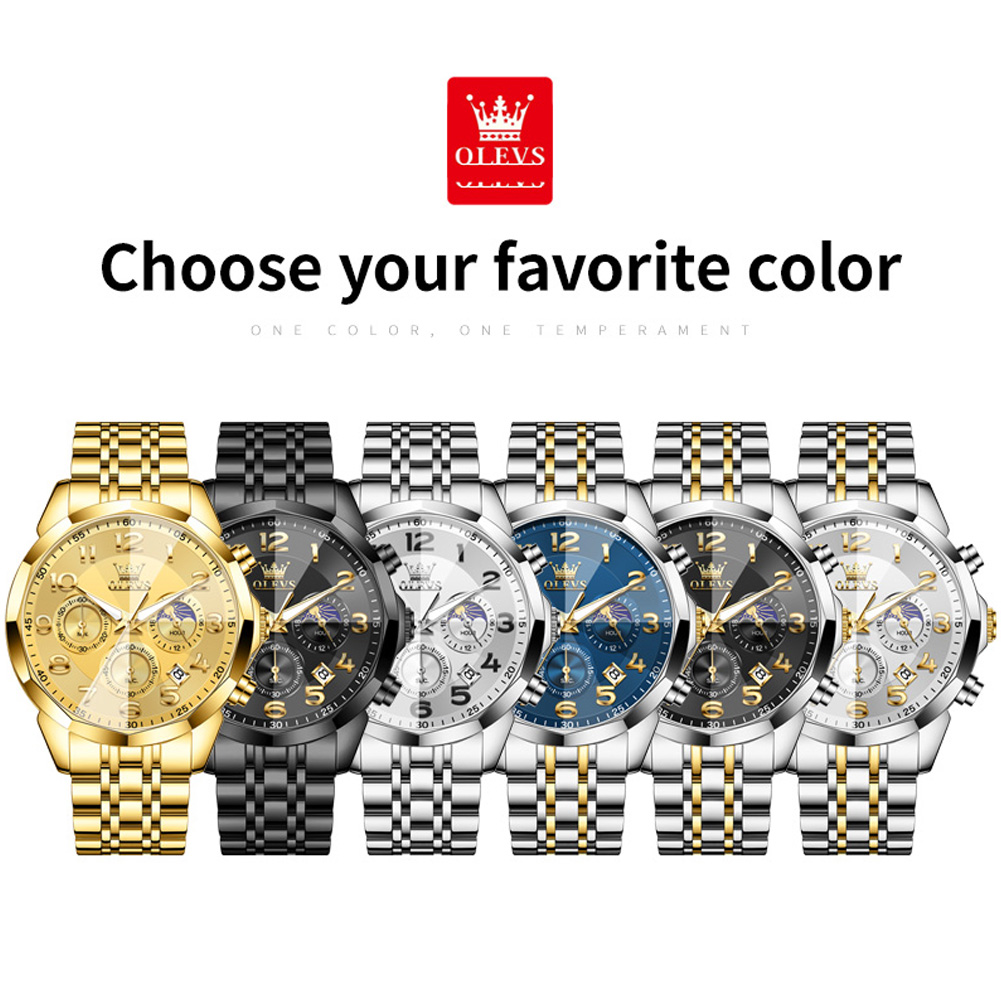 OLEVS 3676 Herenhorloge Quartz Horloge Multifunctionele Chronograaf Waterdicht Lichtgevende Maanfase Horloge Heren Originele Reloj