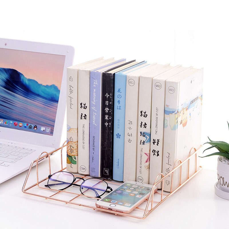 Rose Gold Desktop Storage Box Desk Magazine Rack with Pen Holder, Handmade Metal File Office Organizer Paper Tray Drawer Stor