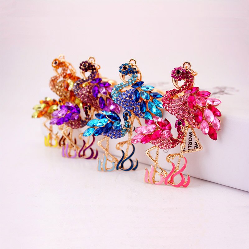 mignon dessin animé diamant ensemble flamant rose porte-clés grue strass Animal métal pendentif voiture porte-clés accessoires bijoux