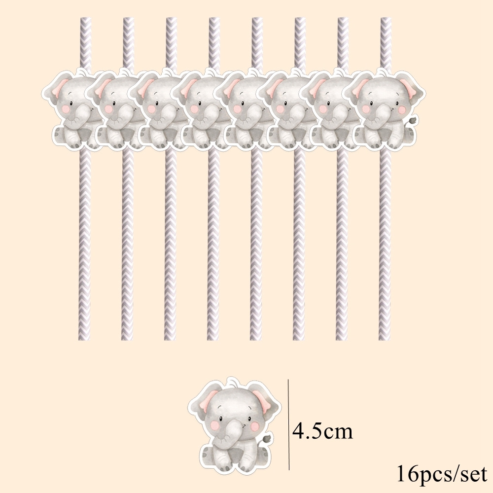16pcs Carton Animal Straws Eco Striped Drinking Straws for Kids Jungle Safari Wild Animal Happy Birthday Party Decoration Supply: Light Grey