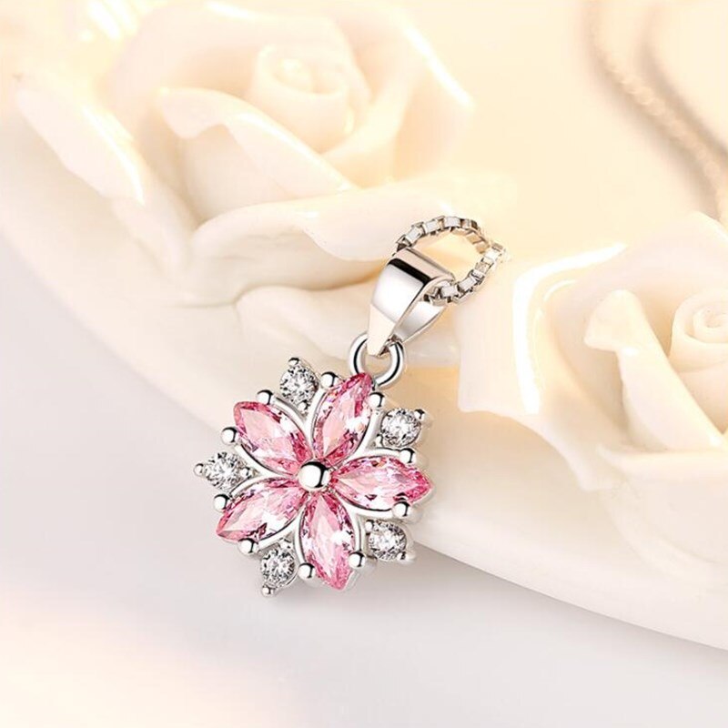 Nehzy 925 sterlingsølv damesmykker pink krystal zirkon blomstervedhæng halskæde længde 45cm