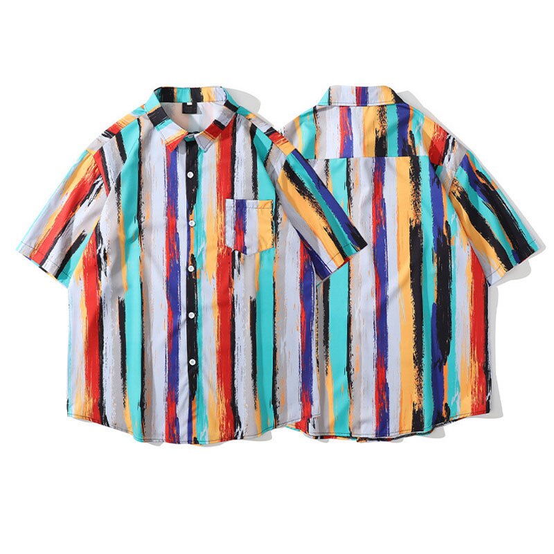 Vintage Street Spliced Tie-dyed Striped Shirts Men Women Lovers Short Sleeve Casual Hawaii Summer Tops Loose Clothing