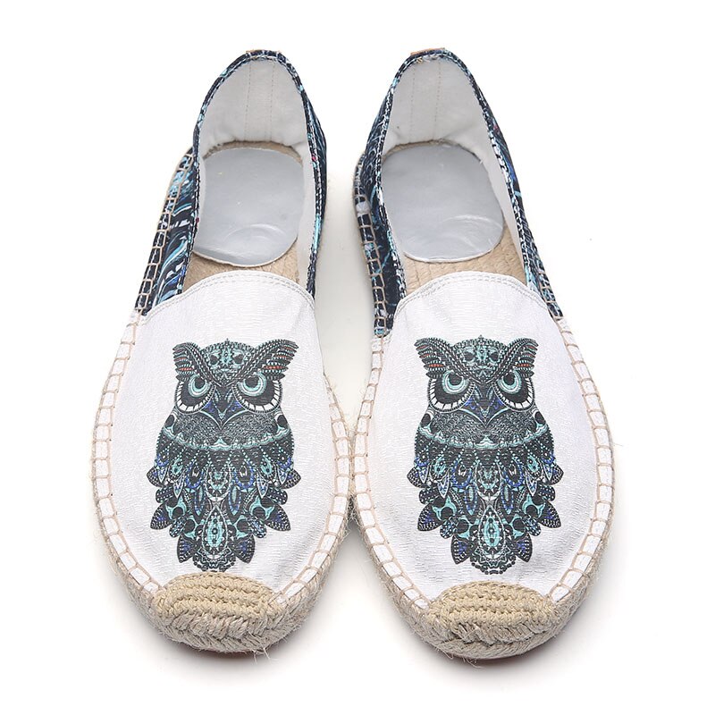 Dierenfoto casual persoonlijkheid zomertrend stroschoenen lichtgewicht canvas vissersschoenen hennep herenschoenen: Uil / 9.5