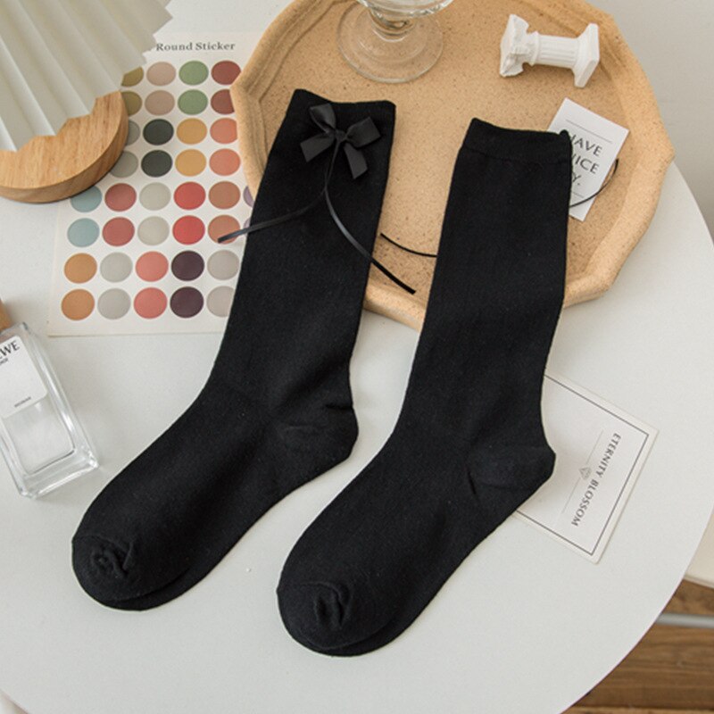 Lolita – chaussettes longues en coton avec nœud papillon pour femme, chaussettes à jambes hautes, blanc, noir, , 2022: black