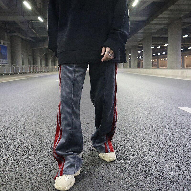 Męskie dno zamek błyskawiczny aksamitne spodnie szerokie nogawki boczne łączone paski proste spodnie luźne dorywczo spodnie z elastyczną gumką w pasie hiphopowy sweter