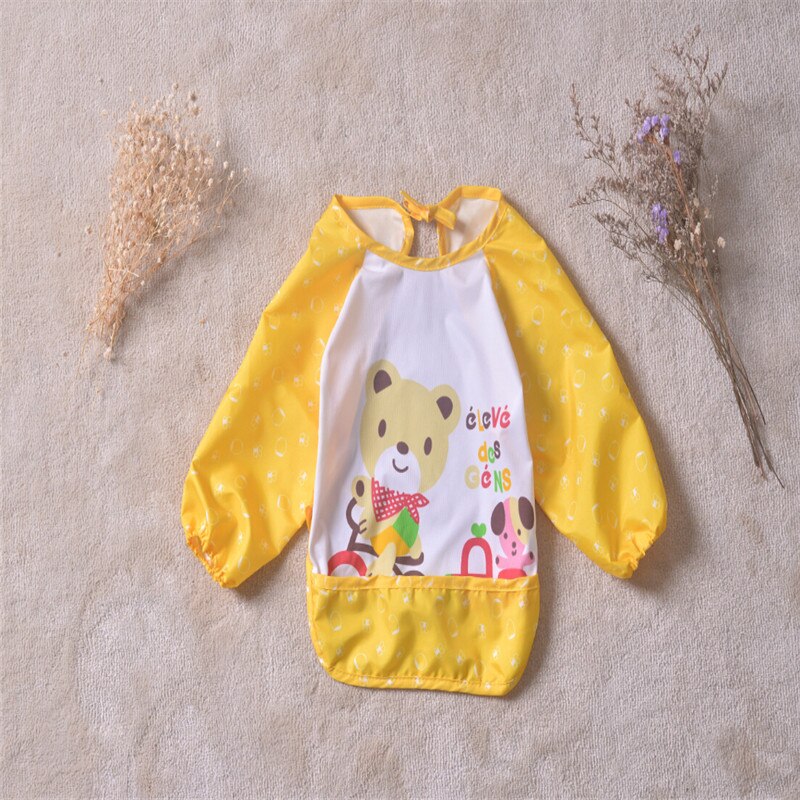 0-3Y Toddler Silicone Bibs Feeding Baby Crumb Catcher Wipeable Waterproof Pocket Long Sleeve Bib Cartoon Paint Play Apron: Yellow Bear