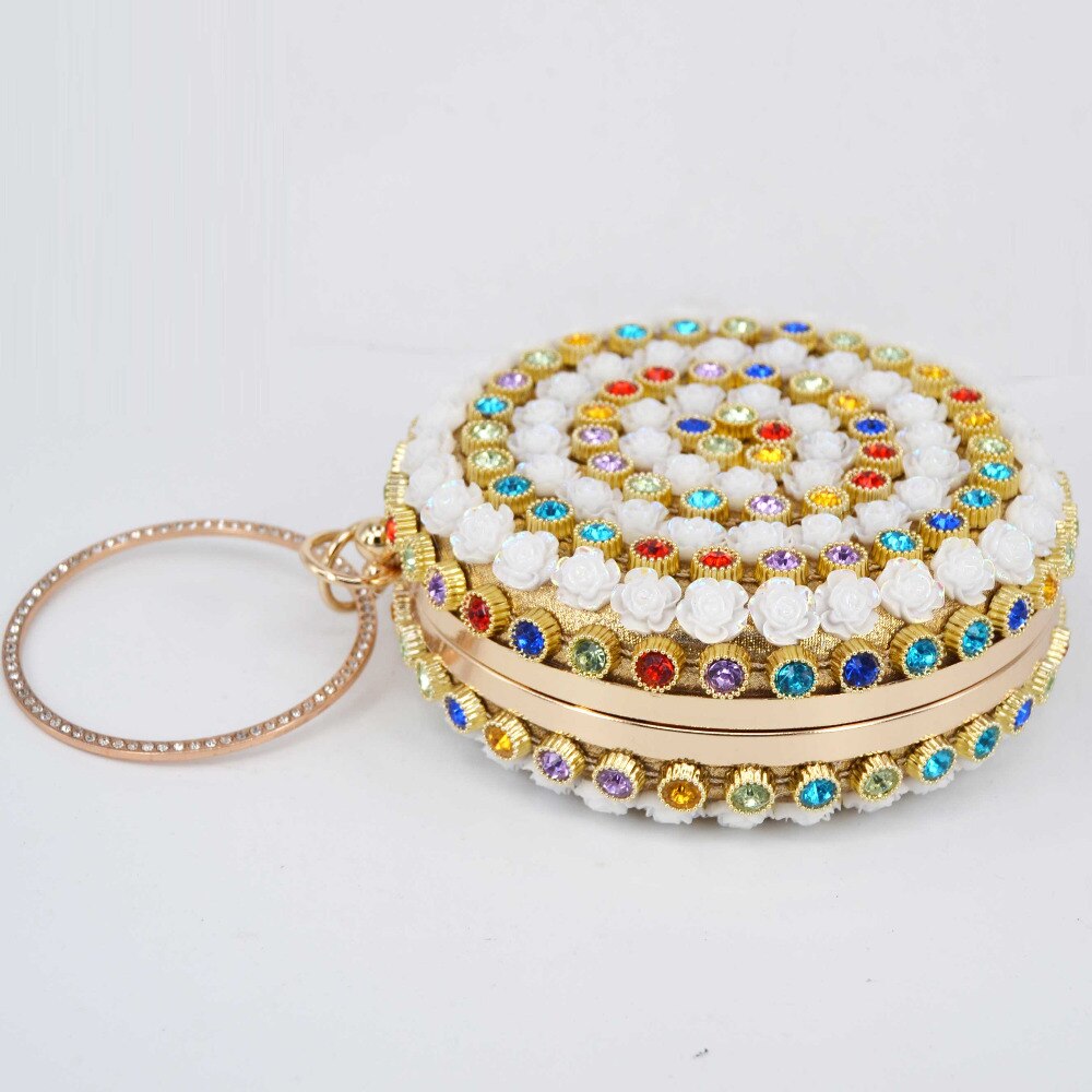 arrivé rond blanc fleur multicolore cristal femmes de mariage sac à main pochette femme bracelets dame sac de soirée