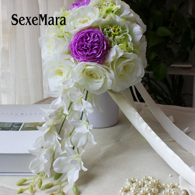 white Buque De Noiva Wedding BouquetsWater shaped bride holding flower waterfall hand flower wedding