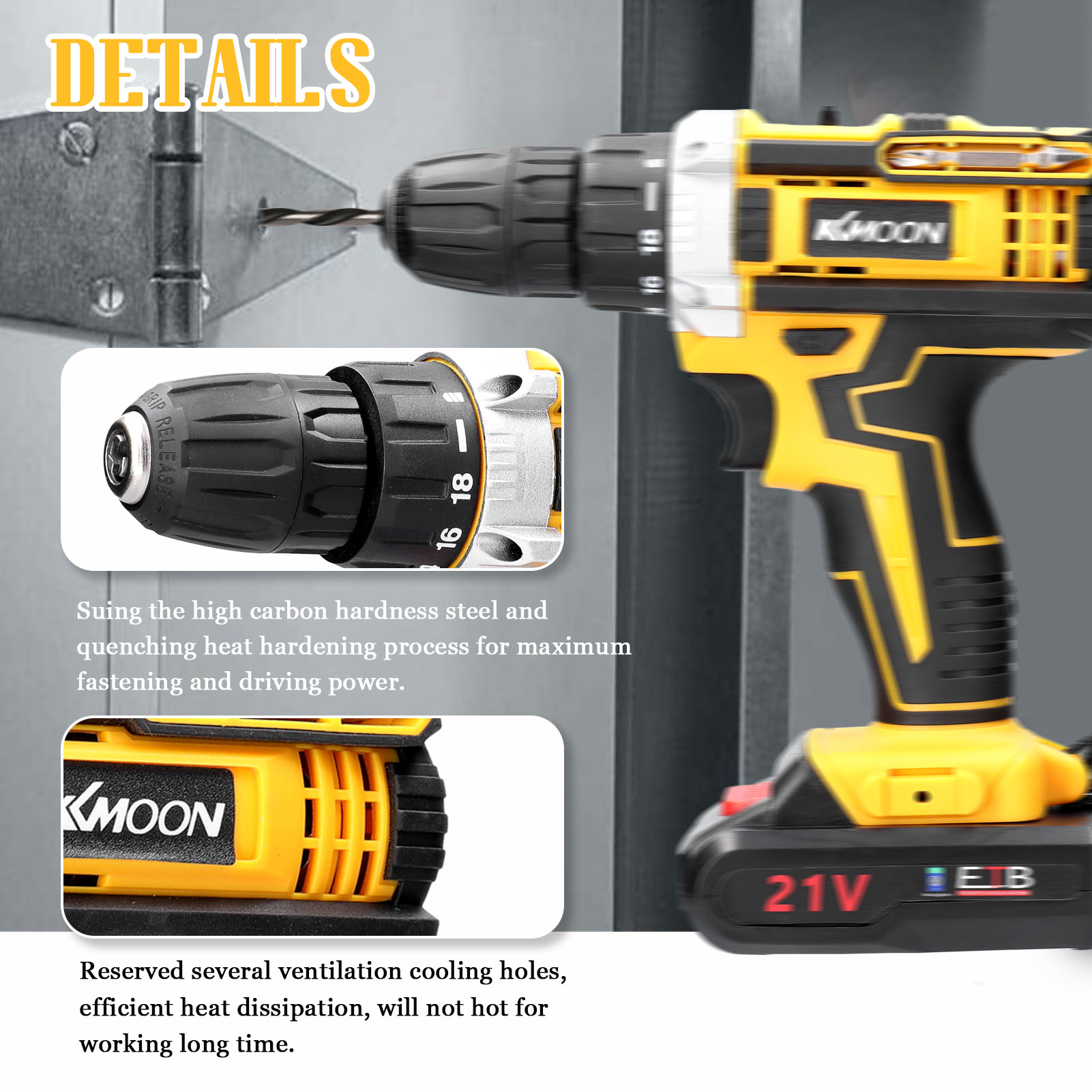 21V Cordless Electric Drill Brush Motor 2 Speeds Adjustment 18 Gears of Torque Adjustable Holes Drilling Machine