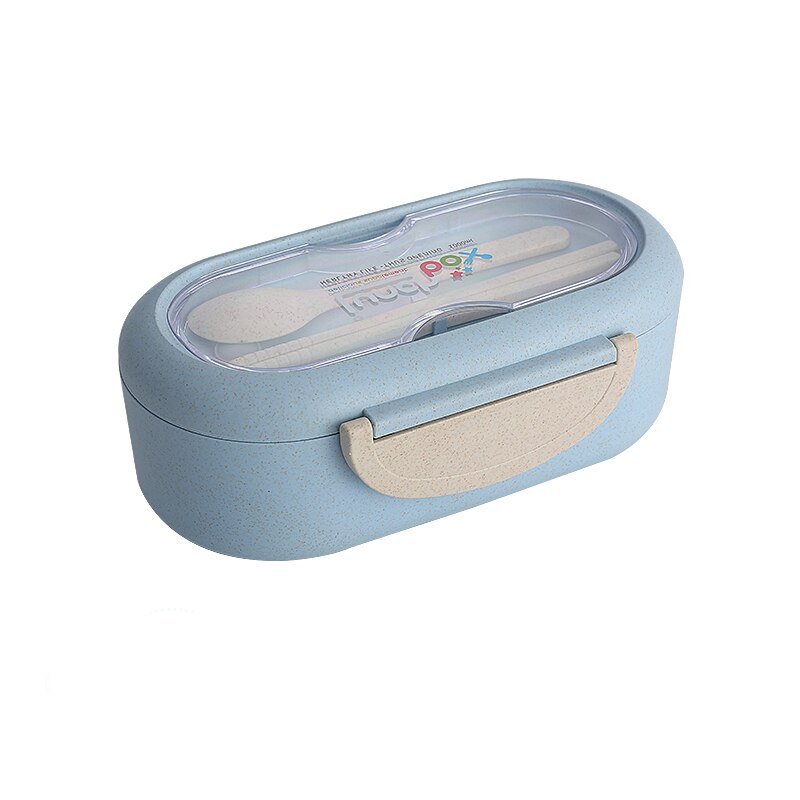 Lunch Box Microwave Leakproof Wheat Straw Office Dinnerware Food Storage Container Children Kids School Portable Bento Box Bag: Light Blue
