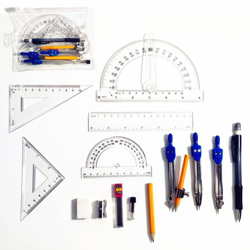 15 Piece Set Geometry Set with Swing Arm Protractor, Divider, Set Squares, Ruler, Compasses and Protractor By Kevin&amp;Sasa Crafts: Default Title
