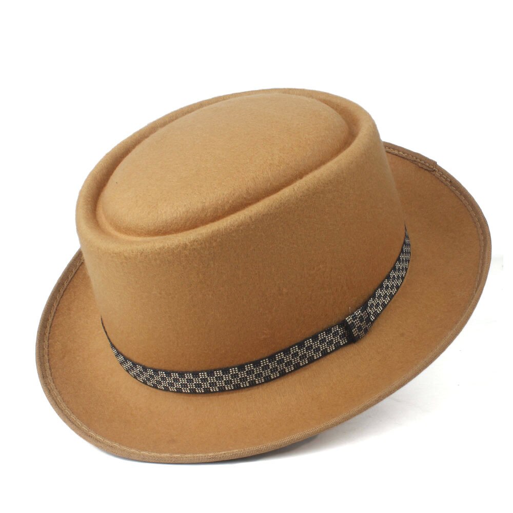 Men's Women's Pork Pie Hat Wool Flat Fedora Hat Pop Jazz Church Hat Size 58CM: Khaki