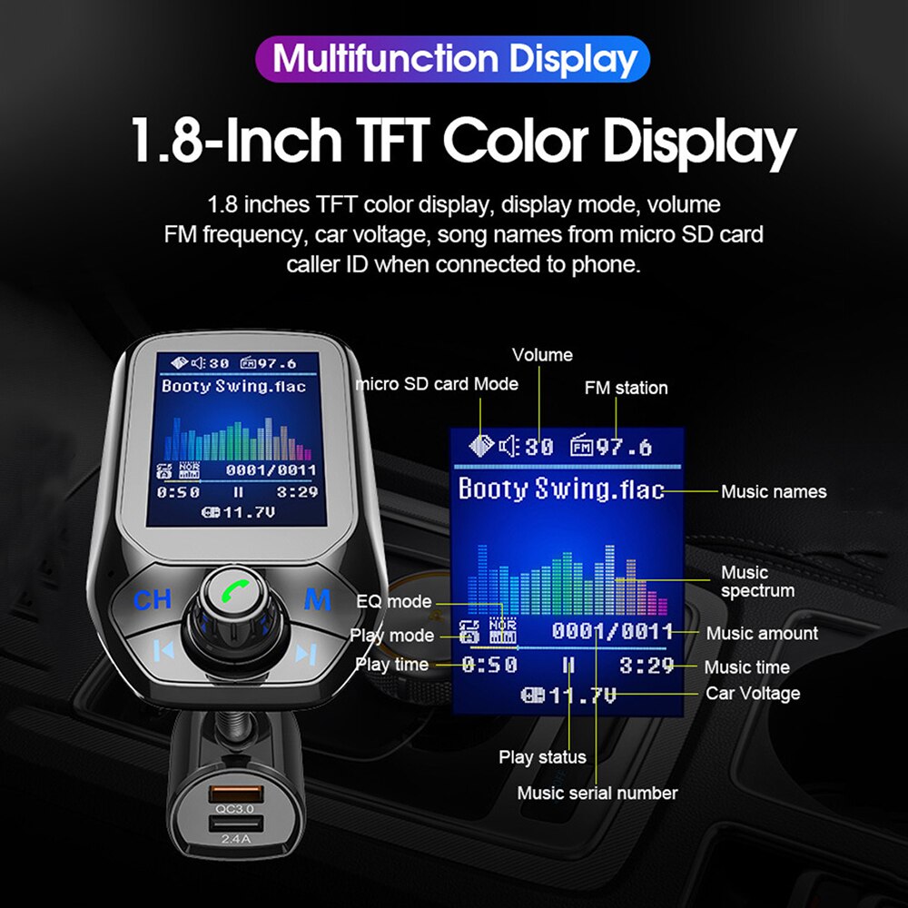 T43 Car Wireless Bluetooth MP3 Player Hands-Free FM Transmitter QC3.0 USB Fast Car Charger car accessries