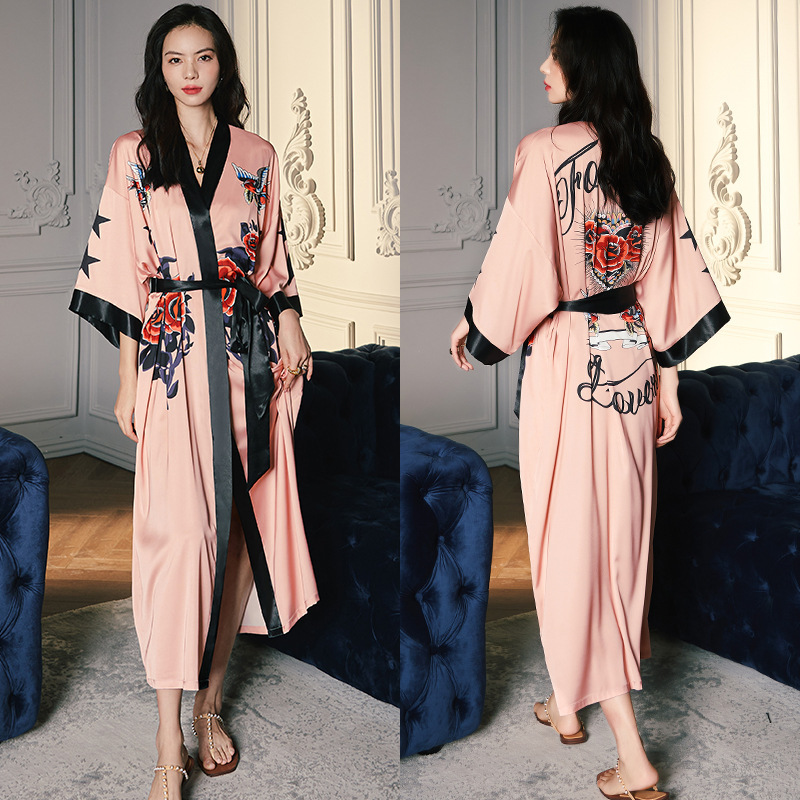 Albornoz tipo kimono largo con estampado de flores para mujer, bata de boda Sexy de media manga, camisón de rayón para primavera y verano, vestido para casa, ropa de dormir: Turquesa