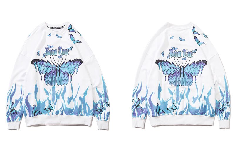 GONTHWID feu flamme papillon imprimer pull sweats à capuche Harajuku Hip Hop décontracté col rond sweat hommes hauts à la: White / M