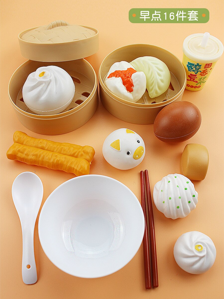 Kinderen Spelen Huis Model Voedsel Steamer Gestoomde Gevuld Broodje Snack Hamburg Westerse Voedsel Sushi Maaltijd Keuken Meisje Speelgoed Set: Breakfast 16 Pieces A05